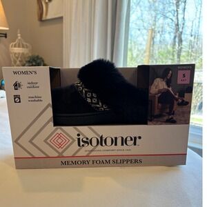 Isotoner Womens Memory Foam Slippers Black Faux Fur Clog  Small 6.5-7